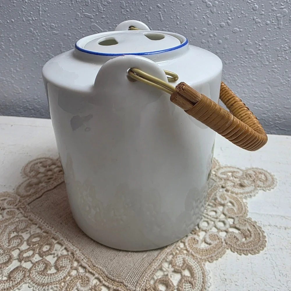 Vintage Ceramic Botanica Teapot Yellow Floral Clover Blue Trim Lid Rattan Handle